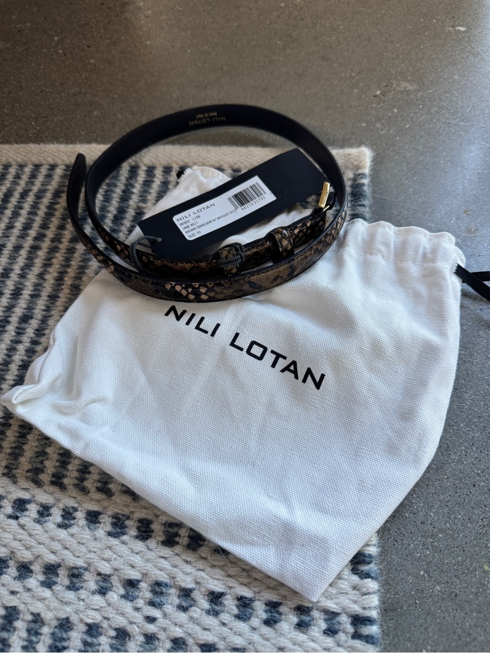 NWT Nili Lotan Black and Brown Snake-Print Leather Belt with Gold Buckle